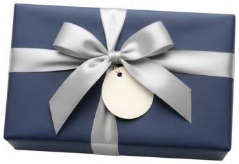 Valentine PNG, Elegant dark blue gift box with a silver ribbon and blank tag for personalization