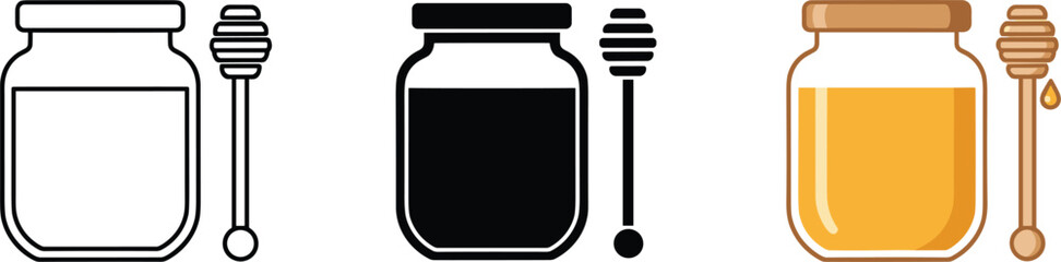 Glass honey jar with wooden dipper stick icons representing organic sweet nectar healthy bee products and natural food. © Mst