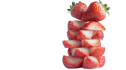 Fresh sliced strawberries stacked high isolated on white background