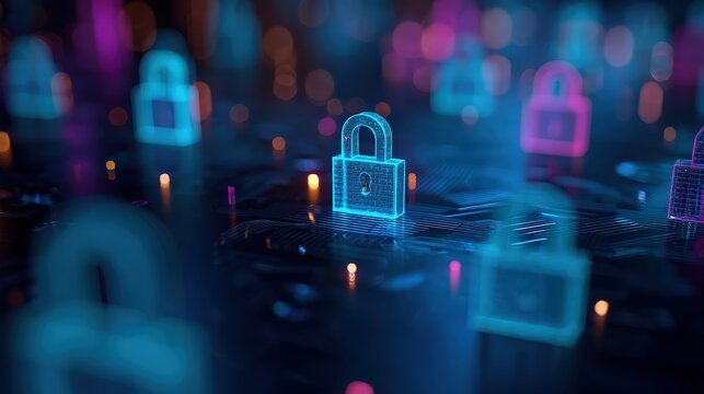 A futuristic digital representation of locks illuminated in vibrant colors, symbolizing cybersecurity and data protection in a tech-focused landscape. - Powered by Adobe