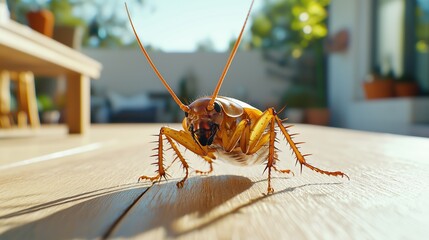 Close-Up of an Insect Crawling on a Wooden Surface in a Bright Outdoor Environment