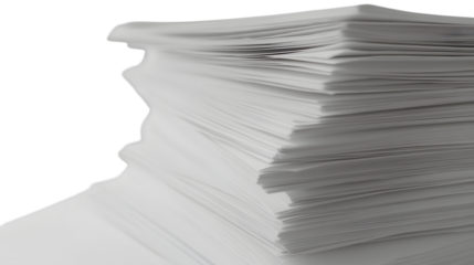 Stack of disorganized paperwork isolated on white background