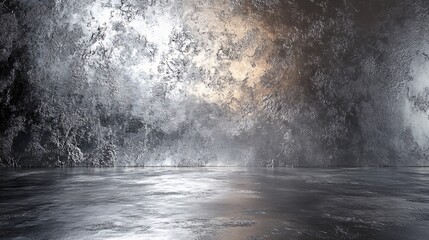 A dramatic solid silver background meets a chaotic textured wall and a reflective floor, suggesting a luxurious and creative studio space.
