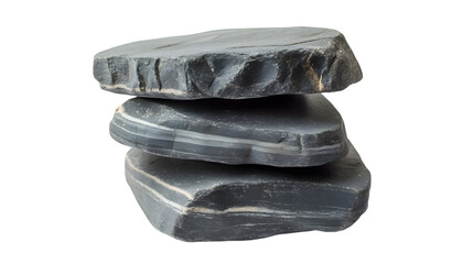 Stack of dark gray slate stones isolated on white background