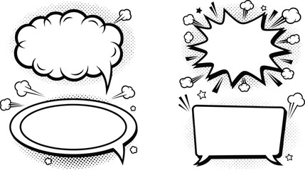 Comic-style speech bubble vector set featuring explosive shapes, halftone effects, clouds, and expressive dialogue elements for cartoon designs © Rubya
