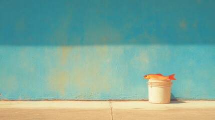 Naklejka premium Goldfish resting on a bucket near a blue wall during daytime in an urban area