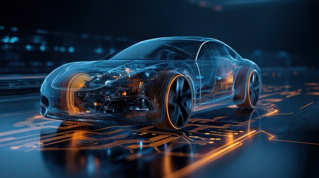 A futuristic digital car design illuminated with neon lines against a sleek, high-tech background, showcasing innovation in automotive technology. - Powered by Adobe