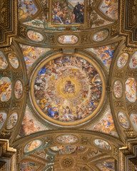 Fototapeta premium SALERNO, ITALY - OCTOBER 6, 2025: The baroque fresco of “Paradiso Salernitano” - Glory of Holy Trinity among the saints and Evangelists - Chiesa di San Giorgio by Angelo Solimena (1674‑1675)