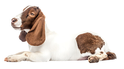 Goat sitting in front of white background