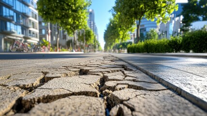 A city sidewalk split scene illustrating esg changes with cracked pavement and smog on one side and bike lanes with green walls on the other