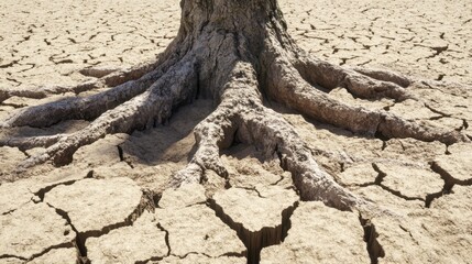The gnarled and twisted roots of an ancient tree emerge from the cracked and dry ground in a parched landscape symbolizing drought and the struggle for survival