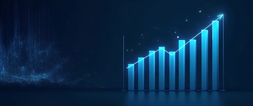 Rising bar graph with glowing neon effect steadily increases, as camera gently pans to reveal a dynamic background of digital data elements in a sleek, futuristic cinematic style.