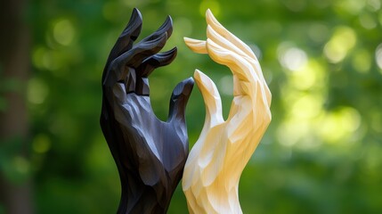 Two carved wooden hands one dark oak and one light birch gently reaching towards each other with a blurred green background