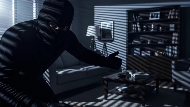 Male burglar in black costume moving cautiously during a house robbery, concept of crime and home invasion