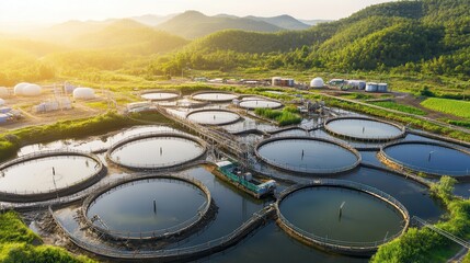 Vast circular water treatment tanks form a modern industrial facility surrounded by lush green hills under golden hour sunlight