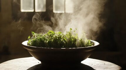 Steaming bowl of fresh herbs in Vietnamese Pho close up