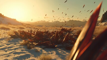 Twisted metal weapon fragments scattered across a dusty desert landscape under a glowing sunset sky with mountains in the distance