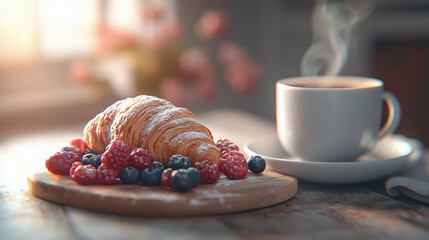 Freshly Baked Croissant with Berries and Coffee on Wooden Table with Soft Morning Light