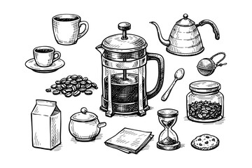 Hand-drawn coffee set with french press, coffee beans, and accessories