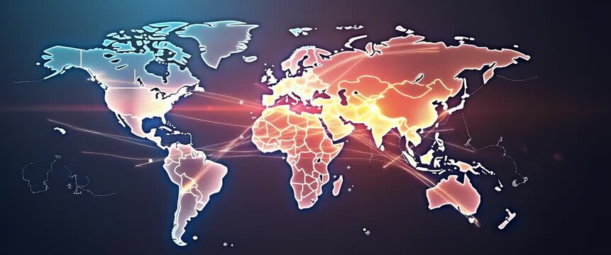 Dynamic world map animation with glowing continents, as camera slowly pans across a futuristic digital interface, highlighting global connections in a cinematic style.