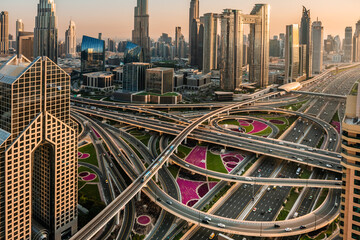 Dubai downtown modern skyscrapers at sunset. Beautiful skyline. Dubai, United Arab Emirates