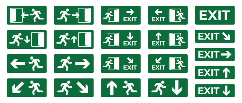 Set of green emergency exit signs with running man symbols and directional arrows. Suitable for evacuation guidance, fire escape routes, safety instructions, public buildings, offices, hospitals, mall