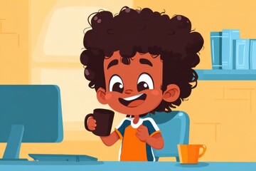 Happy Child Enjoying Hot Drink While Watching Screen at Home.