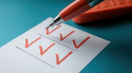 Close up of a pen marking checkboxes on a white paper with red checkmarks on a blue background with an orange eraser with checklist and productivity