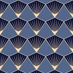 Stylish seamless Art Deco pattern with elegant fan-shaped geometric elements in blue and gold tones. Ideal for luxury branding, packaging, textiles, wallpaper, and premium backgrounds