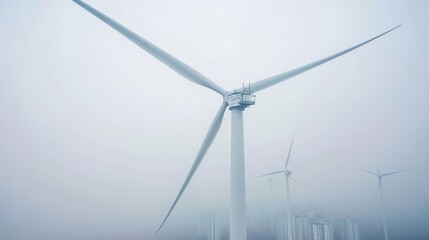 Wind turbine blades with a cluster of buildings in the background on a foggy day