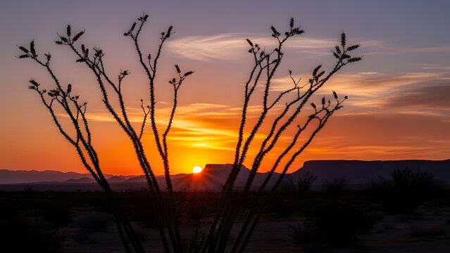 Desert sunset landscape with ocotillo plant silhouette. Arid wilderness and nature beauty. Sun setting behind distant mountains in a dramatic orange sky over the valley.