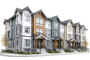 Fototapeta premium Modern suburban townhomes with contemporary design feature multiple floors, large windows, varied siding colors, and stone accents, creating inviting residential street scene