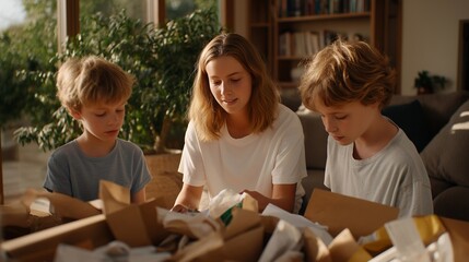 A family clearing wrapping paper and ribbons from the living room floor, sorting recyclables into bins as soft morning light signals the start of a fresh, organized post-holiday reset. cinematic