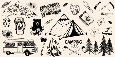 A charming hand drawn collection of camping and outdoor adventure equipment