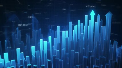 Business data visualization with 3 D blue bar graphs and charts showing growth and statistics on a dark background - Powered by Adobe