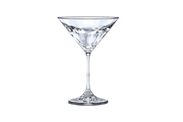 A clear martini glass is sitting on a white background. The glass is almost empty, with only a small amount of liquid left in it. Concept of relaxation and leisure, png