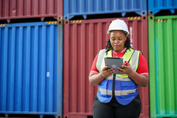 Worker inspects cargo containers, using a tablet for inventory and management purposes