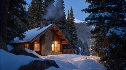 A cozy alpine cabin nestled in snowy fir trees, warm window light glowing against the icy blue evening as smoke rises from a stone chimney — winter retreat atmosphere and remote mountain living.