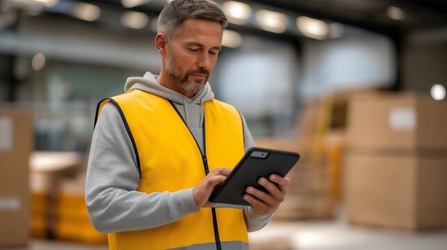 A sustainability auditor walking through a corporate production site with a tablet, logging real-time emission data into a cloud-based financial compliance system to ensure accurate carbon - Powered by Adobe