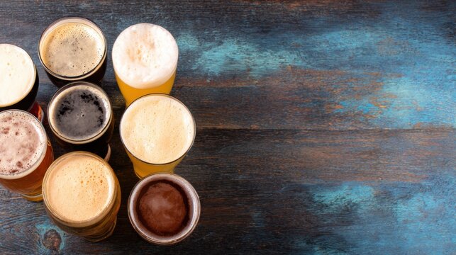 Various types of drinks placed on a wooden surface after brewing process