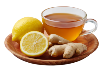 Lemon Ginger Tea on Wooden Plate png design element with transparency