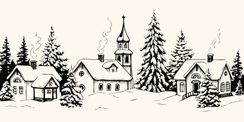 A quaint winter village scene with snow covered houses and a church steeple