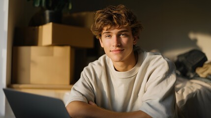 A digital nomad closing their laptop in a minimalist apartment before departure day, boxes half-packed and passport waiting on the table — mobility, remote lifestyle, and personal evolution.