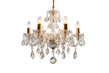 A chandelier with six lights hanging from it. The chandelier is made of crystal and has a gold frame. The lights are lit up, creating a warm and inviting atmosphere, png