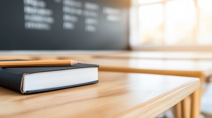 Close-Up View of Black Notebook and Pencil on Desk in Modern Classroom with Chalkboard in Background