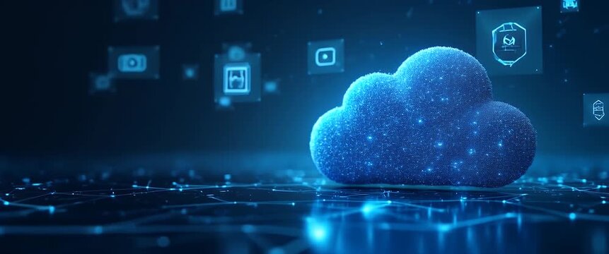Cinematic digital cloud computing concept: A luminous cloud icon glows softly amidst floating data symbols; the camera executes a slow pan, enhancing the futuristic and technology-driven ambiance.