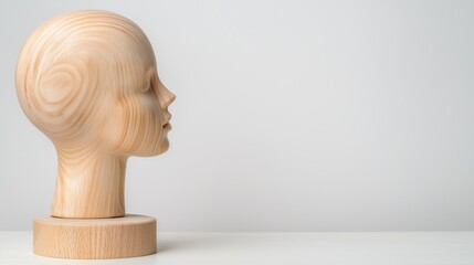 Wooden Sculpture of a Minimalist Mannequin Head on a Neutral Background for Artistic Display