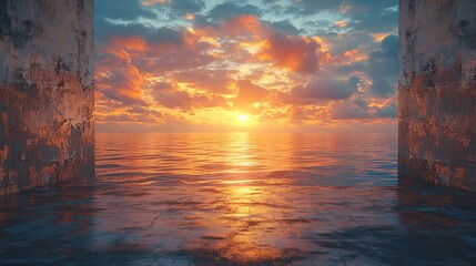 Sunset over water background with chaotic cloudy sky and old concrete walls, creating a dramatic and moody atmosphere, ideal for adding a sense of turmoil or transformation.