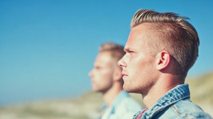 Two men looking into the distance by the shore on a sunny day