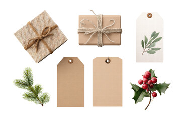 A white background with a brown box and a green tag. The box is tied with a brown string, png